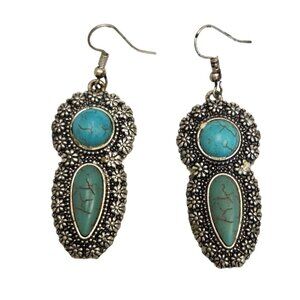 Boho Floral Silver-Tone Dangle Earrings With Faux Turquoise